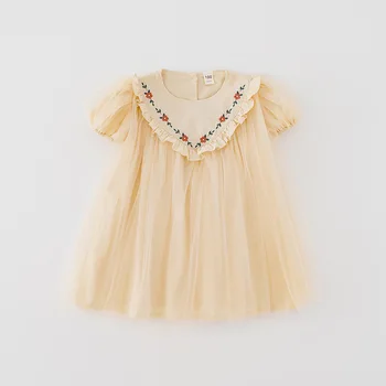 O coreano roupas para crianças bordado de flores menina doce vestido de princesa 2023 verão bolha de malha de manga do vestido da menina