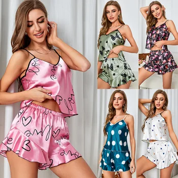 Floral para Mulheres Pijama Mulheres mais Bonito Loungewear Casual Shorts do Pijama Conjunto de Gelo Seda do Pijama Conjunto Sexy de Suspender Sleepwear