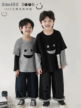 Meninos' Gola Redonda Oca Cor do Contraste de Costura Bonito de Manga comprida T-shirts Outono de Crianças e de Tendência Superior
