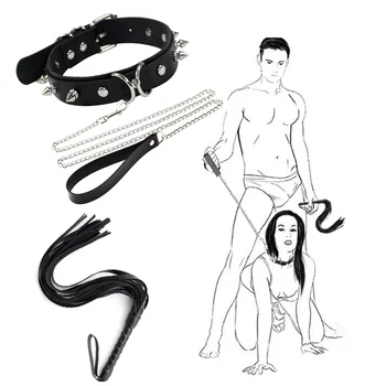 BDSM Bondage Kit Chicote Colar Coleira de Corrente de Aço Restringe Punir os Colares de Gola Fetiche Escravo Brinquedos Sexuais Para as Mulheres Alguns Jogos para Adultos