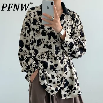 PFNW Primavera, Outono dos Homens Novos Vintage Cor de Contraste de Lazer Camisas coreano Moda de estampa de Leopardo Bonito Solto Chique Tops 28A2921