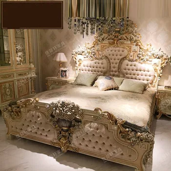 Francês de pano pintado princesa de luxo do palácio, madeira maciça esculpida cama de casal Mobiliário Europeu de Personalização