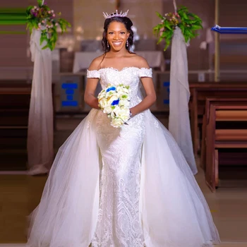Maravilhoso Fora do Ombro Apliques de Renda Vestidos de Noiva com Trem Destacável Vestido Noiva Africana Vestidos de Noiva