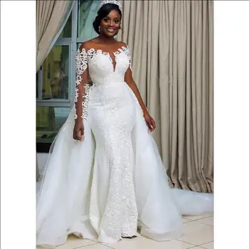Sul-Africano Sereia Vestidos de Noiva Destacável Overskirt Pura Pescoço para Fora do Ombro Mangas compridas de Noiva, Vestidos de casamento