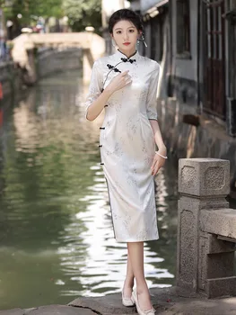 FZSLCYIYI Clássico Artesanal Botões do Joelho-Comprimento Mulheres Qipao Chinês Femme Impresso Cetim Vestido Cheongsam