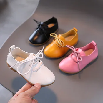 2023 Primavera Crianças de Couro Sapatos Lace-up Candy Colors Sapatos de Meninas de Moda Rasa Crianças Sapatos Casuais Meninos Tênis mary janes