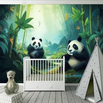 Personalizado Mural de papel de Parede Bonito dos desenhos animados do Panda Gigante Verde Floresta de Bambu Cartaz para Crianças, Decoração de quartos de Papel De Parede Infantil Fresco