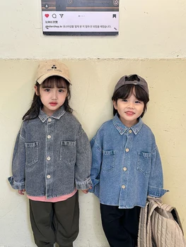 Queda de Meninas de Moda Jaquetas Jeans de Manga comprida Casaco Legal a Roupa para Meninos Jaquetas de Roupas Primavera Crianças Casual Cor Sólida