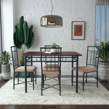 Tradicional 5-Peça de Madeira, de Metal e o Conjunto de Jantar, Profunda Noz mesa de refeições conjunto de mobiliário ,conjunto de mesa e cadeiras