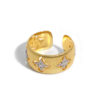 Robusto Oco Trevo de Anéis de Prata 925 Banhado a Ouro de Design Único Grande Trevo de Quatro Folhas Abrir Anéis Ajustáveis para as Mulheres
