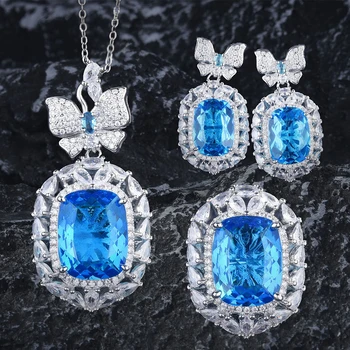 WPB Projeto Original Conjunto de Jóias de Mulheres Diamante Azul Borboleta Colar Brincos Anéis Feminina Brilhante de Zircão de Jóias de Luxo Menina