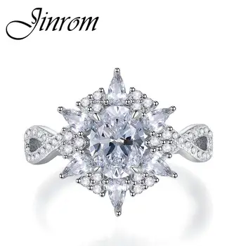 Jinrom Prata 925 6*8 mm com Alto teor de Carbono Diamante, pedra preciosa Oval Brilhando floco de Neve Anel de Diamante para as Mulheres de Casamento Noivado Jóias