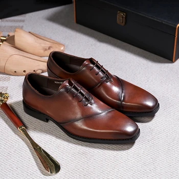 O Estilo italiano de Homens Oxfords Artesanal de Couro Genuíno Vestido de Festa de Casamento Sapatos para Homens Lace-Up do Escritório de Negócios Formal de Calçados