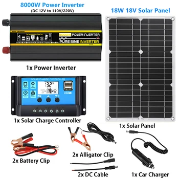 110/220V Sistema de Energia Solar 18W Painel Solar 30A Controlador Solar 8000W Senoidal Pura Inversor Completo de Geração de Energia, Kit de 12V 220V