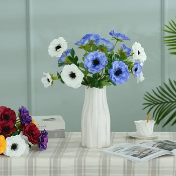 Artificial Anémona Flor Ramo de 3 Cabeças de Toque Real Flores de Casamento Floral Arranjo de Suprimentos para o Escritório em Casa Decoração do Casamento