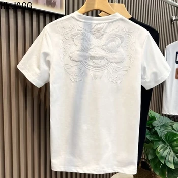 HLJ&GG Fashion Dança do Leão Bordado T-Shirts para Homem de Verão, Gola Redonda, Manga Curta Tops 