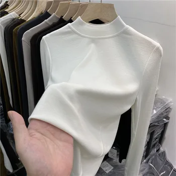 Básica de Alta Qualidade de Algodão Puro Branco T-shirt para as Mulheres Elegantes Slim Top de Mulheres de Meia Gola Manga Longa T-shirts