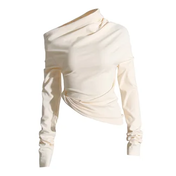 SuperAen 2023 Outono Nova Moda Casual Design Plissado Ajuste Fino de Cor Sólida Curta T-shirt das Mulheres Superior