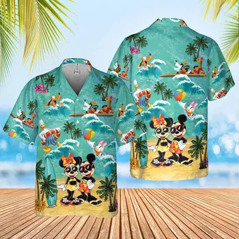 Disney Mickey e Minnie Mouse Camisa Havaiana Disney Magic Terra Camisa Havaiana de Moda Praia Botão Baixo Camisa Homens Mulheres Shirt