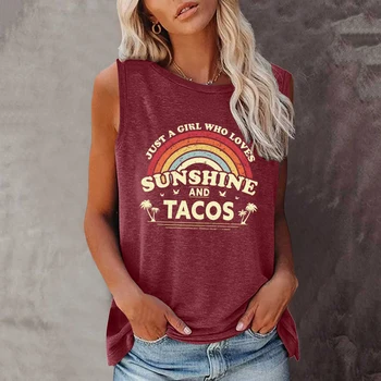 Senhoras moda Casual Veste Camisas de Sol e Tacos de Impressão Verão as Mulheres Tanque T-Shirt sem Mangas Femme Solta Tops