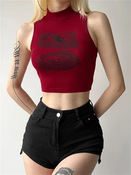 2023 Vermelho Novo Crop Tops sem Mangas Casual Tops Moda Verão Y2K Estética Vintage Sexy High Street Camis Roupas femininas