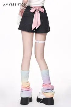 Japonês Doce cor-de-Rosa Curativo Arco Shorts Preto de Mulheres de Cintura Alta, a Indústria Pesada Shorts Jeans 2023 Verão e Outono de Calças Curtas