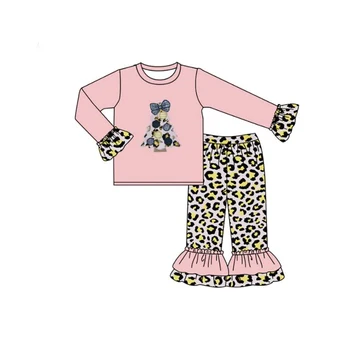 Atacado crianças cor-de-Rosa árvore de Natal meninas roupas de Manga Longa leopard babados conjuntos de calças de Natal Outftis