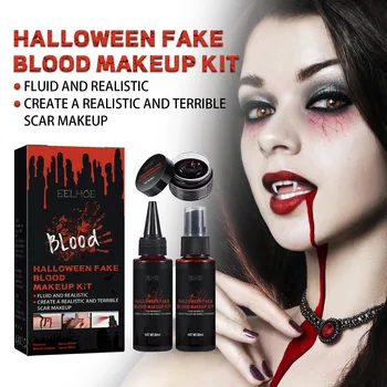 3PCS de Halloween, Sangue Falso Kit de Maquiagem Sangue Coagulado Sangue Falso Spray de Sangue Pingando Realista Lavável Efeitos Especiais Cosplay