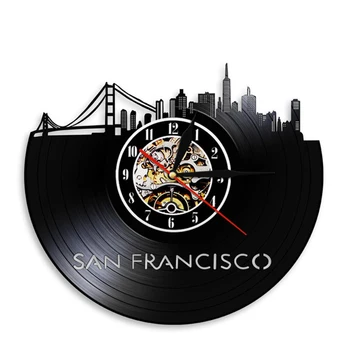 San Francisco Horizonte readaptadas disco de Vinil Relógio de Parede da Golden Gate Bridge-Americano Paisagem urbana Vintage Relógio Esculpido obras de Arte