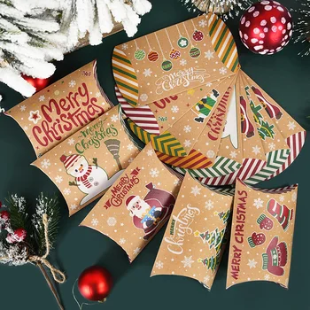 10Pcs Papel Kraft Feliz Natal Doces Caixa de DIY Forma de Almofadas Caixa de Presente de Natal da Decoração do Partido 2024 Ano Novo de Natal de Navidad
