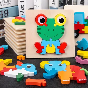 Montessori de Madeira Geometria 3D para Crianças de Quebra de Brinquedo Animais dos desenhos animados de blocos de Construção de Quebra-Pré-escola Educação infantil Brinquedos de Aprendizagem