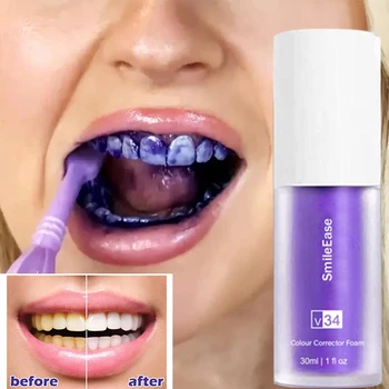 V34 Clareamento Hálito Fresco Brilho Roxo creme Dental Remover Mancha de Reduzir o Amarelecimento de Cuidados Para os Dentes Gengivas Oral, 30ml de Venda Quente