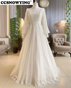 Luxo Apliques Frisados Muçulmano Vestido de Casamento para a Noiva de Manga Longa Islâmica Vestidos de Noiva de Alta Pescoço de Mulher árabe Robe De Mariée