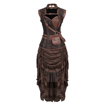 Brown Steampunk Espartilho Vestido Vintage saia Deusa Traje de Alta de Baixa Renda Partido Pirata Saias de Lolita Medieval Vitoriana Conjunto