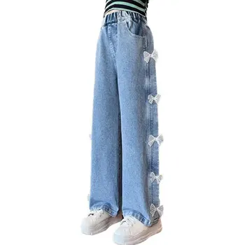 Jeans para Meninas de Moda de Roupas para Adolescentes Sólidas Soltas Crianças Wide Leg Pants com Borboleta Crianças Calças de Roupa de Menina 14Y