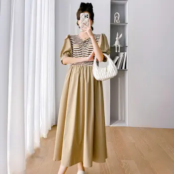 1898# 2023 Verão coreano Moda Patchwork Maternidade Longo Vestido Casual de Uma Linha de Roupas largas para Mulheres Grávidas Gravidez