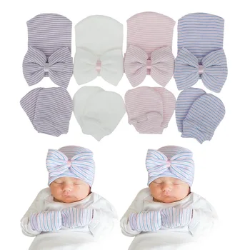 Bebê recém-nascido Caps Arco Grande Luvas de Malha Chapéu Conjunto Bebê Bonito Pac com Luvas para Criança Menino Menina 0-3 mês Acessórios para Bebé