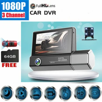 3 Canais DVR do Carro FHD 1080P 3-Lente no Interior do Veículo Traço Cam com Três Câmeras Dvr Gravador de Vídeo Registrator Dashcam Câmera de vídeo