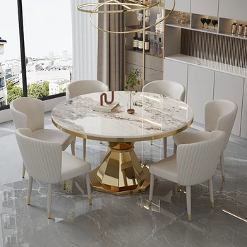Luz de luxo rock placa de mesa-redonda de casa moderna, simples e leve, com mesa giratória de aço inox de mesa e cadeira de combinação